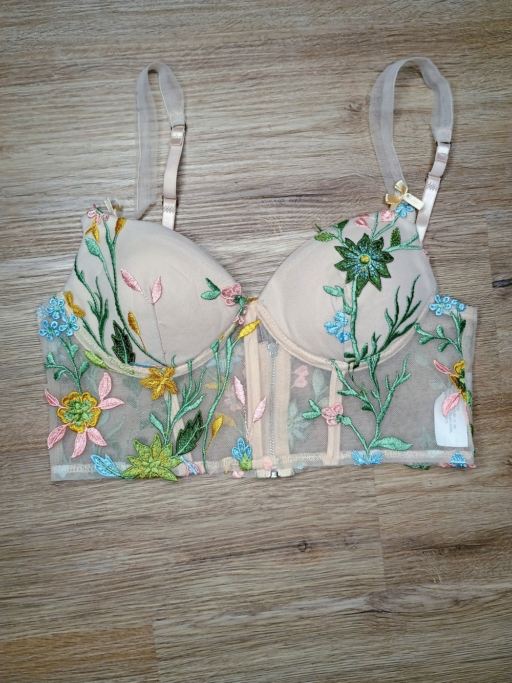 Shasa Beige Embroidered Floral Longline Bralette